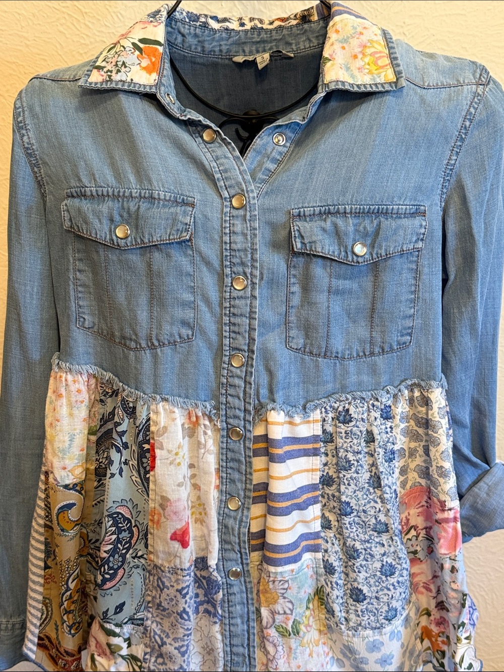 ๐๐๐BOGOHO๐๐๐John Mark Blue Denim Patchwork Button-Down Top-S - Picture 2 of 16
